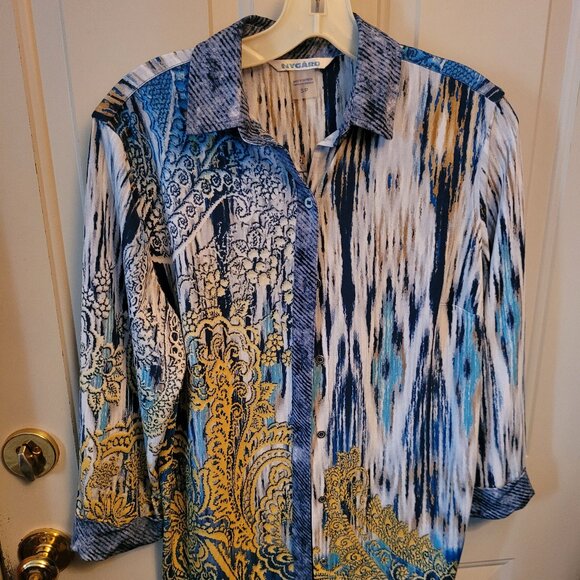 Lovely Nygard Blue and Yellow Print Button Front Top Size Small - Picture 1 of 4